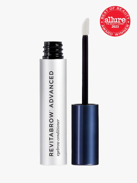 RevitaLash Cosmetics Advanced Eyebrow Conditioner silver vial of brow conditioner with blue cap and wand to the side on light gray background with red Allure Best of Beauty seal in the top right corner