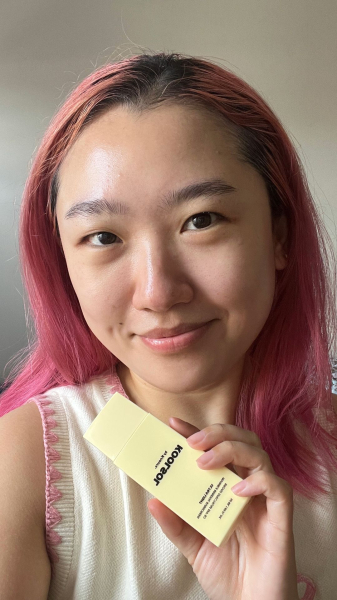 A selfie of Allure commerce editor Sarah Han after applying the Koolsol by Knours Ultra Light Invisible Mineral...
