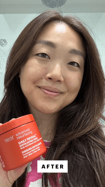 Selfie of Christa Joanna Lee after using the Strivectin Daily Reveal Exfoliating Face Pads with AHA  BHA  PHA  TXA
